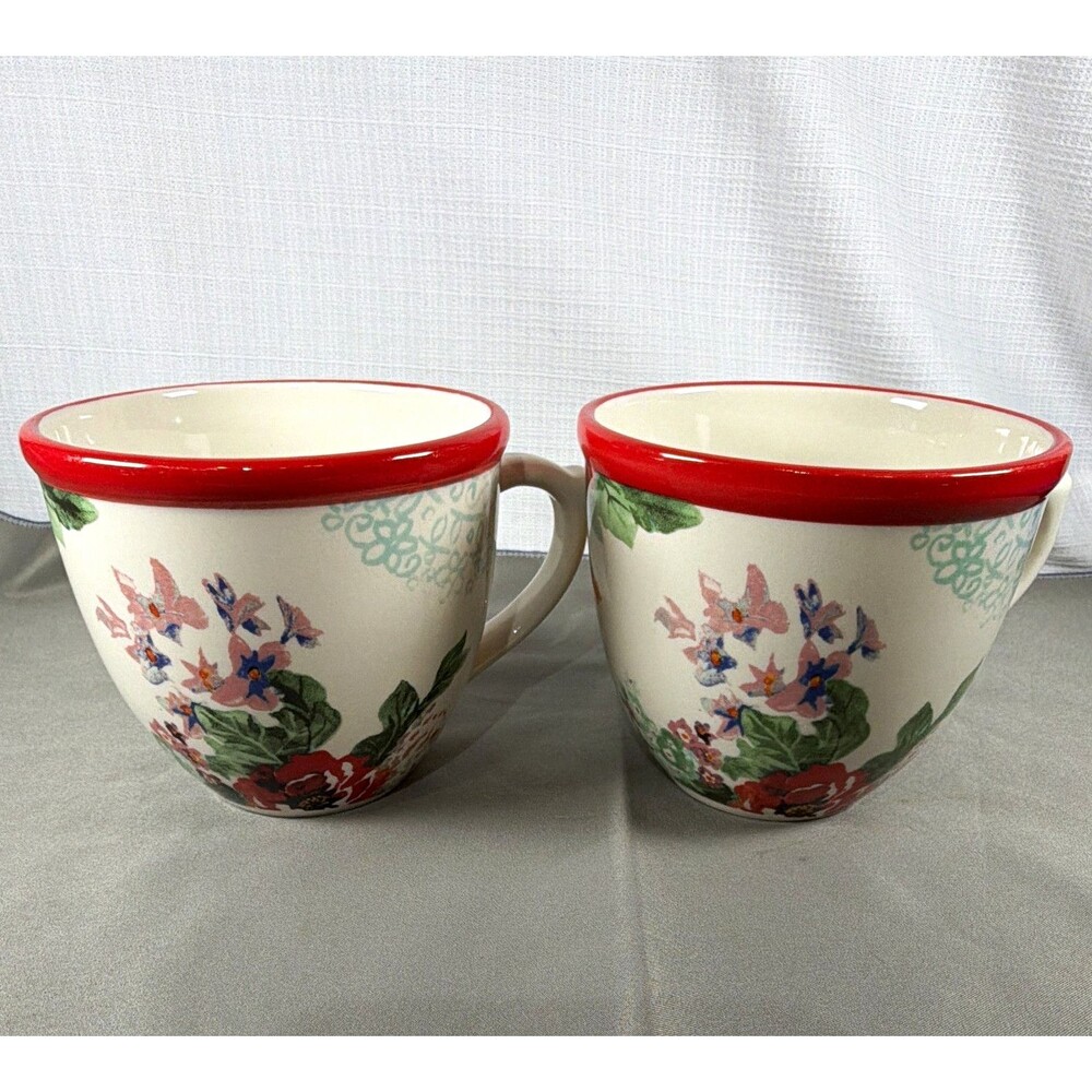 Set of 2 The Pioneer Woman Country Garden Mugs Flea Market Floral Red Rim 17oz